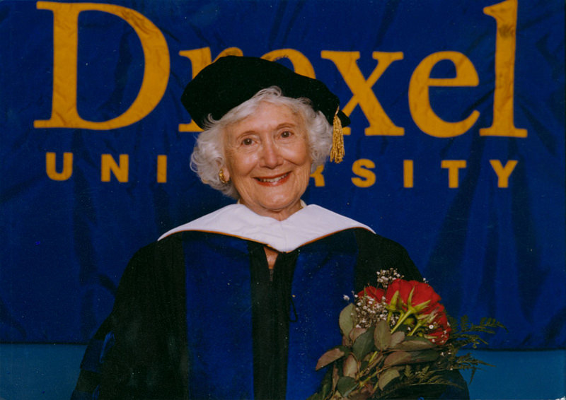 Mrs. Hagerty poses in her cap and gown after she was awarded an honorary doctorate from Drexel University.
